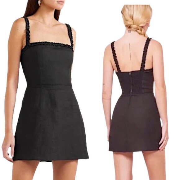 Reformation - Women’s ‘Janie’ Frilled-Trim Linen Mini Dress - Black, Size 6 - Picture 1 of 13